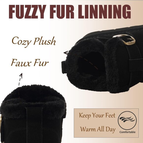 Women's Black Snow Winter Warm Hook Loop Ankle Faux Fur Lining Booties Shoes - Picture 2 of 6